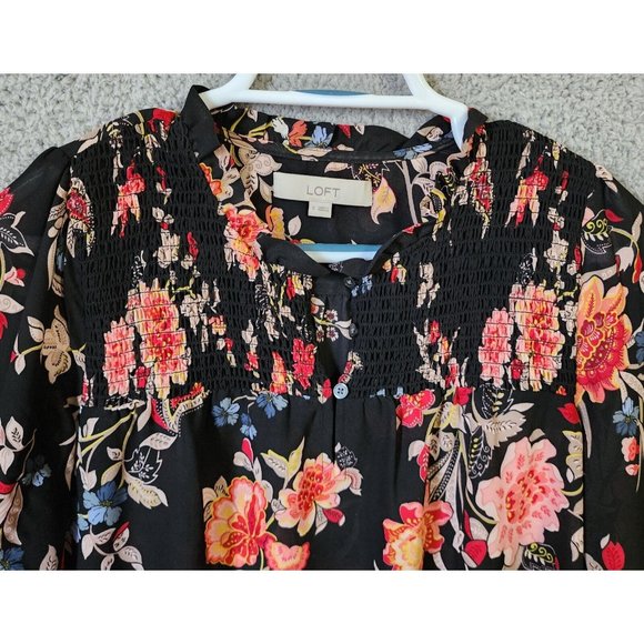Loft Women's Long Sleeve Smocked V Neck Flowy Blouse Top Black Floral Size S - Picture 2 of 14